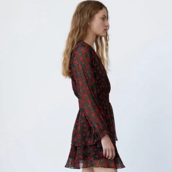 ZARA Floral Chiffon Long Sleeve V-Neck Flounced Mini Dress Black Red Size Small - Picture 5 of 16